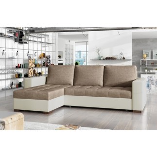 Canapé d'angle convertible en tissu luxe marron et simili cuir beige, 5 places, avec coffre, angle gauche (vu de face), NESTOR