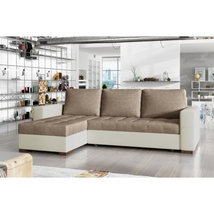 Canapé d'angle convertible en tissu luxe marron et simili cuir beige, 5 places, avec coffre, angle gauche (vu de face), NESTOR