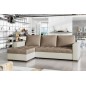 Canapé d'angle convertible en tissu luxe marron et simili cuir beige, 5 places, avec coffre, angle gauche (vu de face), NESTOR
