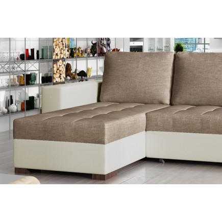 Canapé d'angle convertible en tissu luxe marron et simili cuir beige, 5 places, avec coffre, angle gauche (vu de face), NESTOR