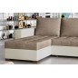 Canapé d'angle convertible en tissu luxe marron et simili cuir beige, 5 places, avec coffre, angle gauche (vu de face), NESTOR