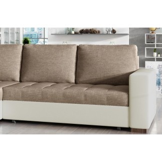 Canapé d'angle convertible en tissu luxe marron et simili cuir beige, 5 places, avec coffre, angle gauche (vu de face), NESTOR