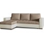 Canapé d'angle convertible en tissu luxe marron et simili cuir beige, 5 places, avec coffre, angle gauche (vu de face), NESTOR