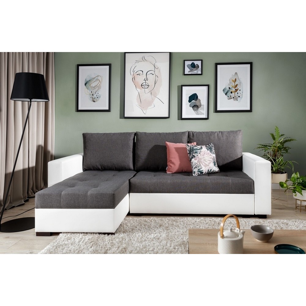 - Canapé d'angle convertible en tissu luxe gris foncé et simili cuir blanc, 5 places, avec coffre, angle gauche (vu de face), NE