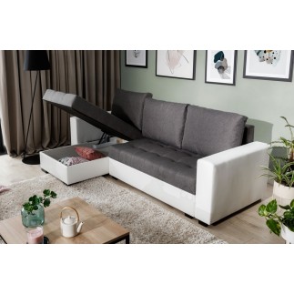 - Canapé d'angle convertible en tissu luxe gris foncé et simili cuir blanc, 5 places, avec coffre, angle gauche (vu de face), NE
