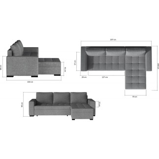 - Canapé d'angle convertible en tissu luxe gris foncé et simili cuir blanc, 5 places, avec coffre, angle gauche (vu de face), NE