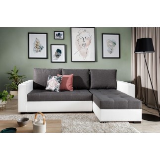 Canapé d'angle convertible en tissu luxe gris foncé et simili cuir blanc, 5 places, avec coffre, angle droit (vu de face), NESTO