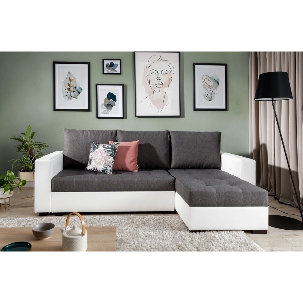 Canapé d'angle convertible en tissu luxe gris foncé et simili cuir blanc, 5 places, avec coffre, angle droit (vu de face), NESTO