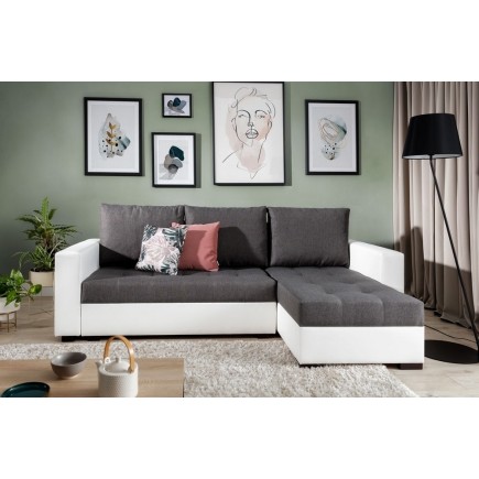 Canapé d'angle convertible en tissu luxe gris foncé et simili cuir blanc, 5 places, avec coffre, angle droit (vu de face), NESTO