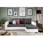 Canapé d'angle convertible en tissu luxe gris foncé et simili cuir blanc, 5 places, avec coffre, angle droit (vu de face), NESTO
