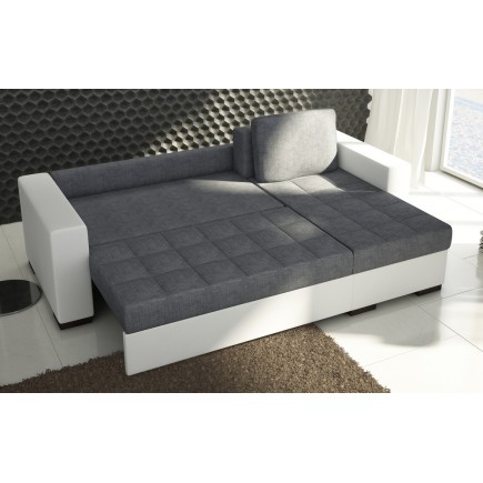 Canapé d'angle convertible en tissu luxe gris foncé et simili cuir blanc, 5 places, avec coffre, angle droit (vu de face), NESTO