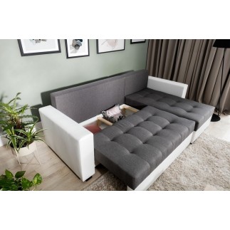 Canapé d'angle convertible en tissu luxe gris foncé et simili cuir blanc, 5 places, avec coffre, angle droit (vu de face), NESTO