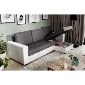 Canapé d'angle convertible en tissu luxe gris foncé et simili cuir blanc, 5 places, avec coffre, angle droit (vu de face), NESTO