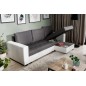 Canapé d'angle convertible en tissu luxe gris foncé et simili cuir blanc, 5 places, avec coffre, angle droit (vu de face), NESTO