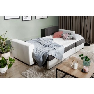 Canapé d'angle convertible en tissu luxe gris foncé et simili cuir blanc, 5 places, avec coffre, angle droit (vu de face), NESTO