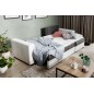 Canapé d'angle convertible en tissu luxe gris foncé et simili cuir blanc, 5 places, avec coffre, angle droit (vu de face), NESTO