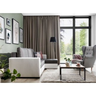 Canapé d'angle convertible en tissu luxe gris foncé et simili cuir blanc, 5 places, avec coffre, angle droit (vu de face), NESTO