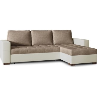 Canapé d'angle convertible en tissu luxe marron et simili cuir beige, 5 places, avec coffre, angle droit (vu de face), NESTOR