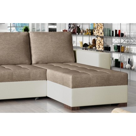 Canapé d'angle convertible en tissu luxe marron et simili cuir beige, 5 places, avec coffre, angle droit (vu de face), NESTOR