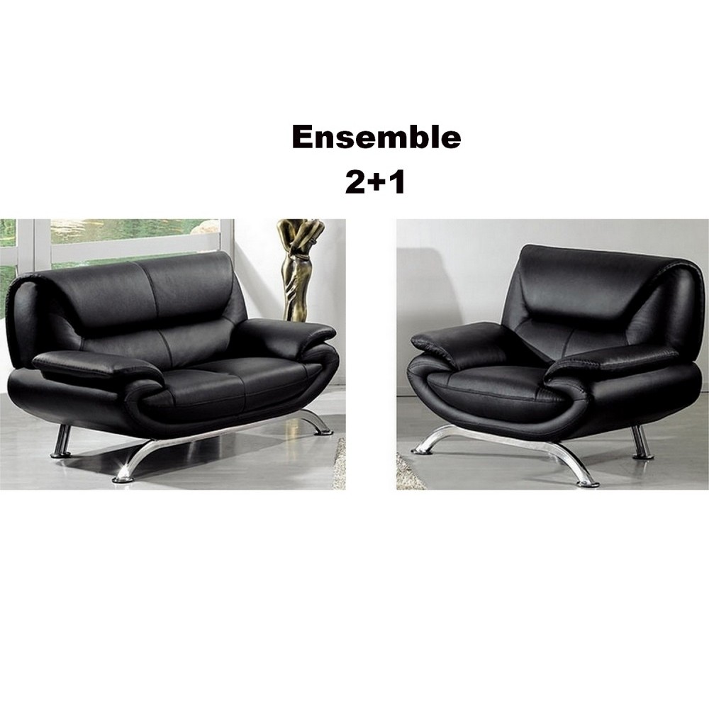 Ensemble composé d'un canapé 2 places et d'un fauteuil en cuir luxe italien, noir, JONAH