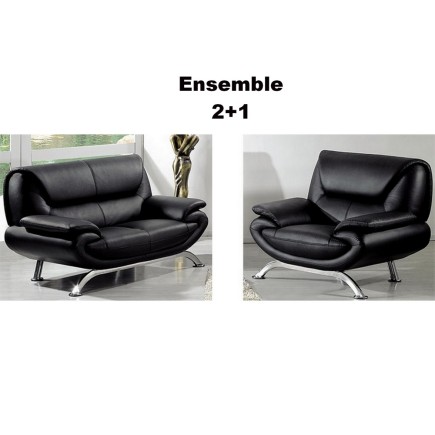 Ensemble composé d'un canapé 2 places et d'un fauteuil en cuir luxe italien, noir, JONAH