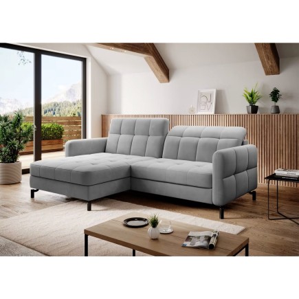 Canapé d'angle convertible en velours gris luxe 3-4 places LORO, angle gauche (vu de face)