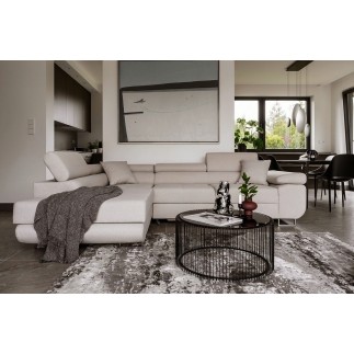 - Canapé d'angle convertible en tissu luxe 5 places, ANNECY, couleur beige clair, angle gauche