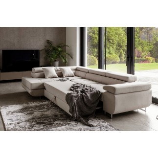 - Canapé d'angle convertible en tissu luxe 5 places, ANNECY, couleur beige clair, angle gauche