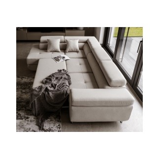 - Canapé d'angle convertible en tissu luxe 5 places, ANNECY, couleur beige clair, angle gauche