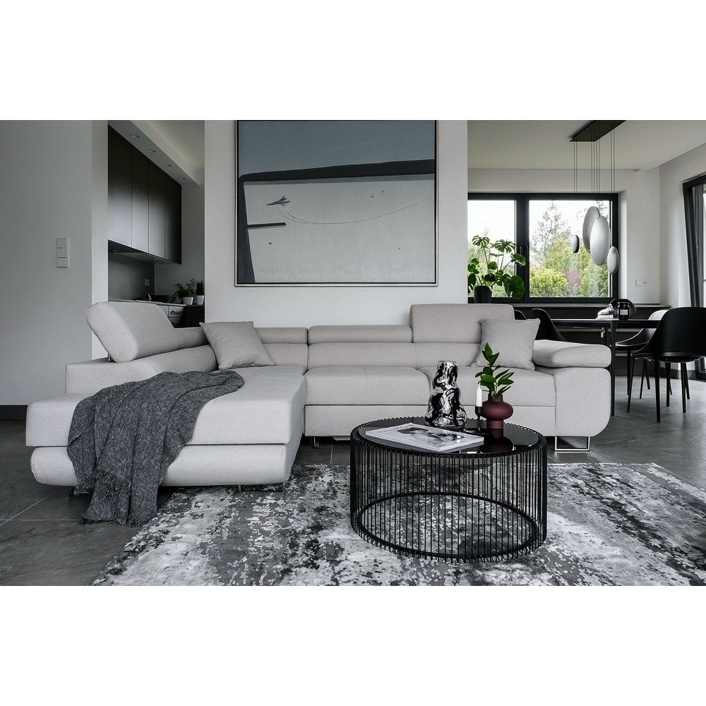 Canapé d'angle convertible en tissu luxe 5 places, ANNECY, couleur gris clair, angle gauche Canapé d'angle convertible en tissu luxe 5 places, ANNECY, couleur gris clair, angle gauche