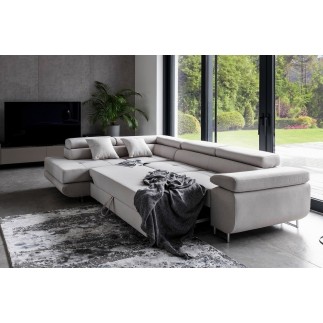 Canapé d'angle convertible en tissu luxe 5 places, ANNECY, couleur gris clair, angle gauche