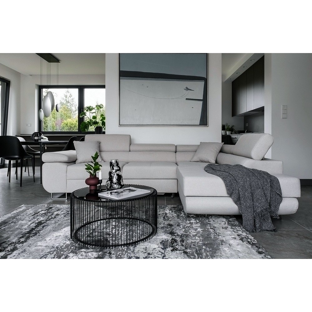 Canapé d'angle convertible en tissu luxe 5 places, ANNECY, couleur gris clair, angle droit Canapé d'angle convertible en tissu luxe 5 places, ANNECY, couleur gris clair, angle droit