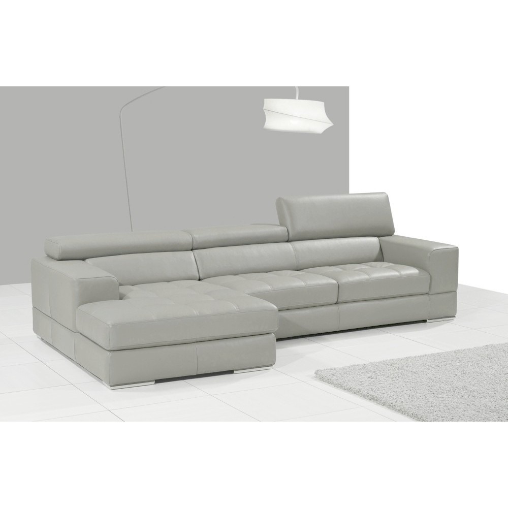 Canapé d'angle en cuir italien 5 places PERLE, gris clair, angle gauche