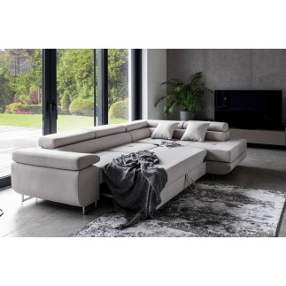 Canapé d'angle convertible en tissu luxe 5 places, ANNECY, couleur gris clair, angle droit