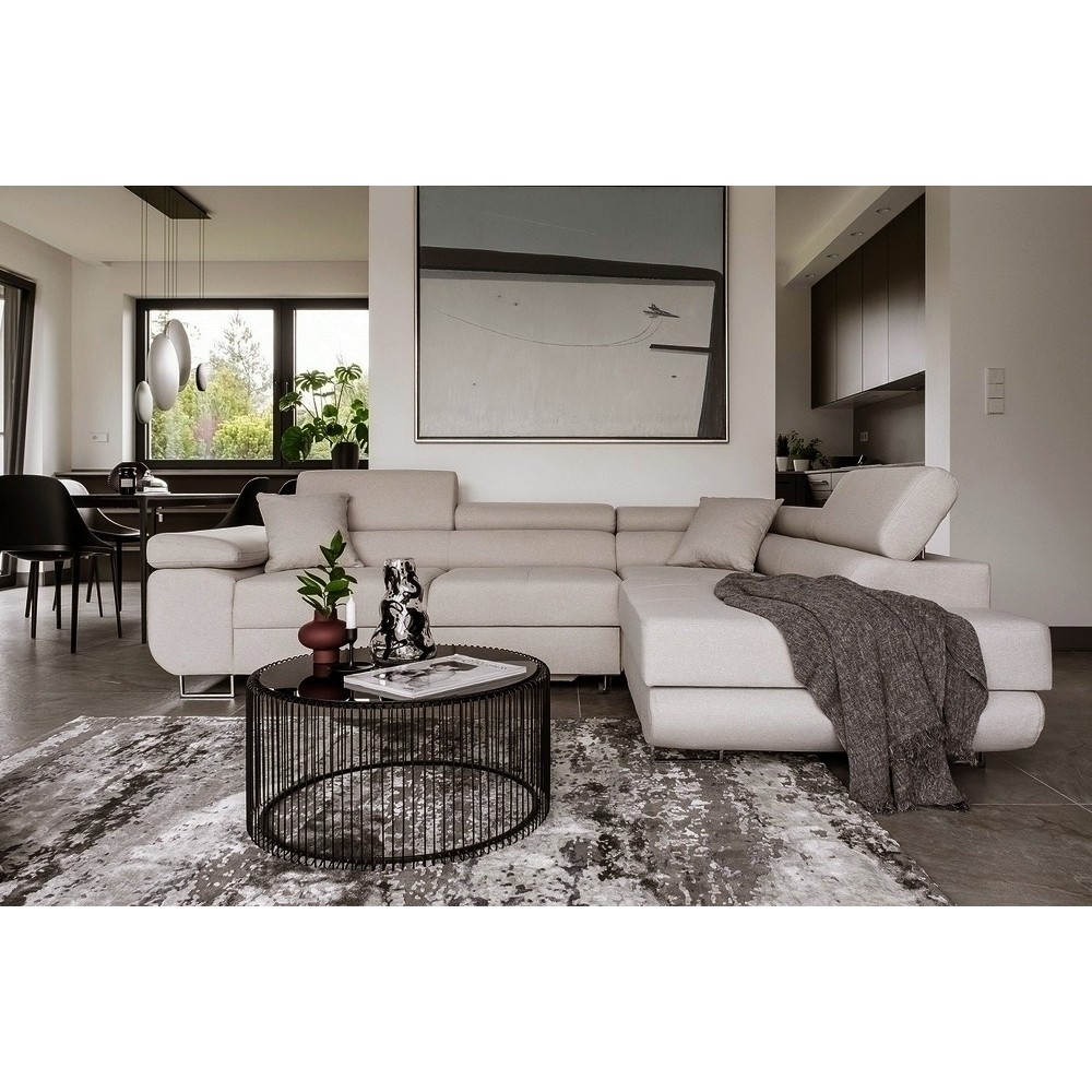 Canapé d'angle convertible en tissu luxe 5 places, ANNECY, couleur beige clair, angle droit