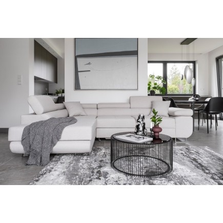 Canapé d'angle convertible en tissu luxe 5 places, ANNECY, couleur ivoire, angle gauche