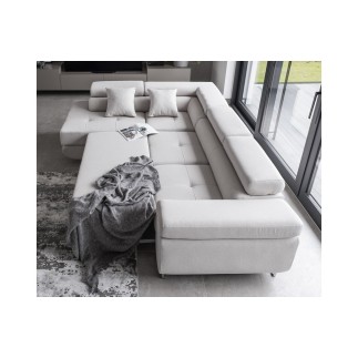 Canapé d'angle convertible en tissu luxe 5 places, ANNECY, couleur ivoire, angle gauche