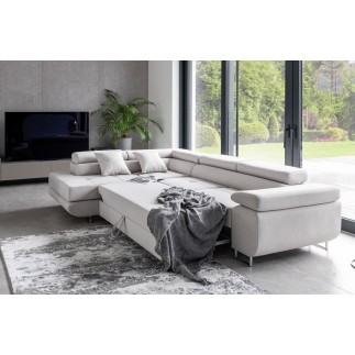 Canapé d'angle convertible en tissu luxe 5 places, ANNECY, couleur ivoire, angle gauche