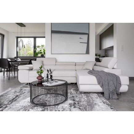 Canapé d'angle convertible en tissu luxe 5 places, ANNECY, couleur ivoire, angle droit (vu de face)