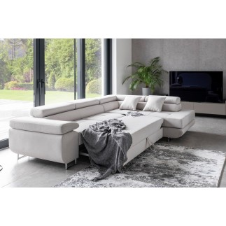 Canapé d'angle convertible en tissu luxe 5 places, ANNECY, couleur ivoire, angle droit (vu de face)