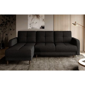 Canapé d'angle convertible en tissu luxe, rangement - noir, angle gauche (vu de face), ROXANE