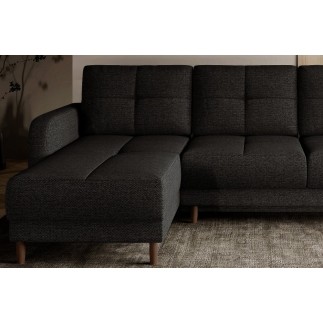 Canapé d'angle convertible en tissu luxe, rangement - noir, angle gauche (vu de face), ROXANE