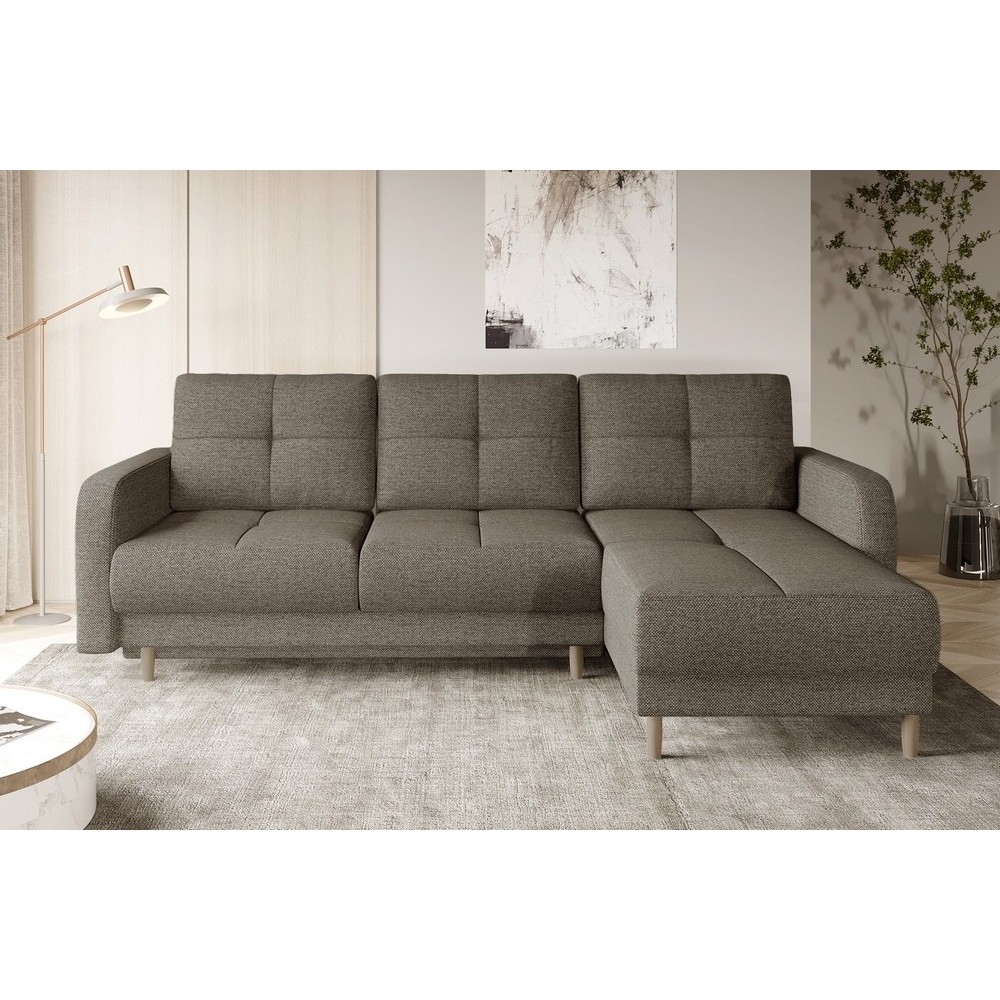 Canapé d'angle convertible en tissu luxe, rangement - beige, angle droit (vu de face), ROXANE, 4 places