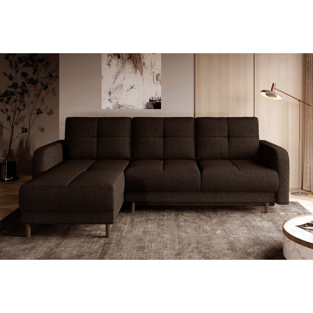 Canapé d'angle convertible en tissu luxe, rangement - chocolat, angle gauche (vu de face), ROXANE, 4 places