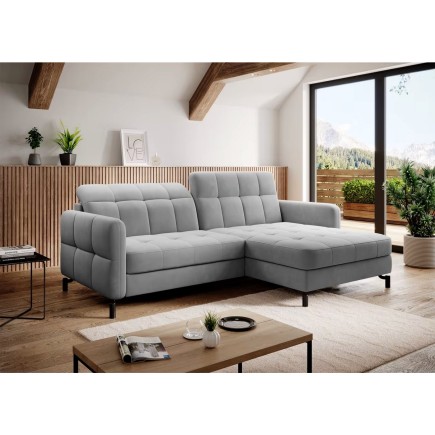 Canapé d'angle convertible en velours gris luxe 3-4 places LORO, angle droit (vu de face)