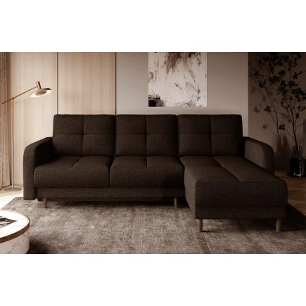 Canapé d'angle convertible en tissu luxe, rangement - chocolat, angle droit (vu de face), ROXANE