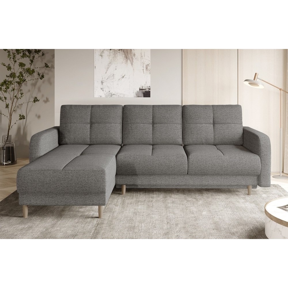 Canapé d'angle convertible en tissu luxe, rangement - gris, angle gauche (vu de face), ROXANE, 4 places