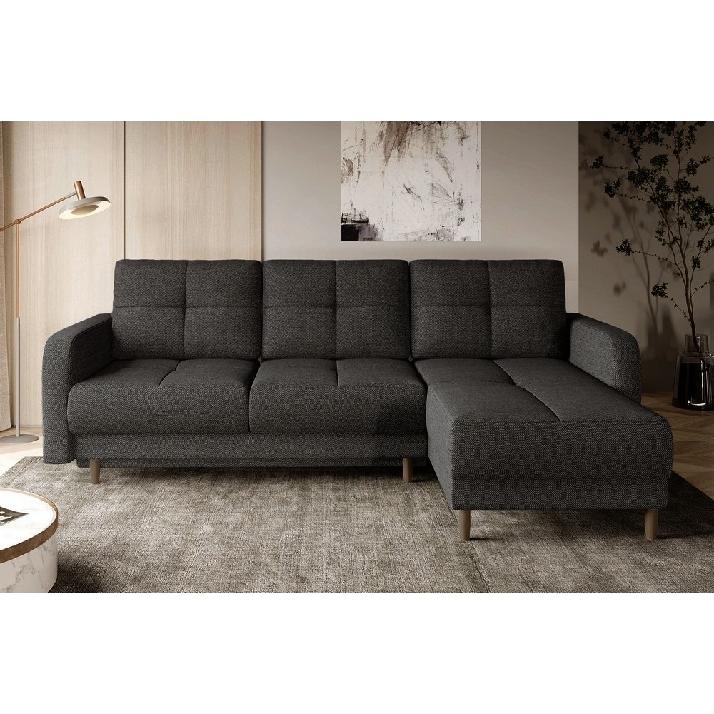 Canapé d'angle convertible en tissu luxe, rangement - gris foncé, angle droit (vu de face), ROXANE, 4 places
