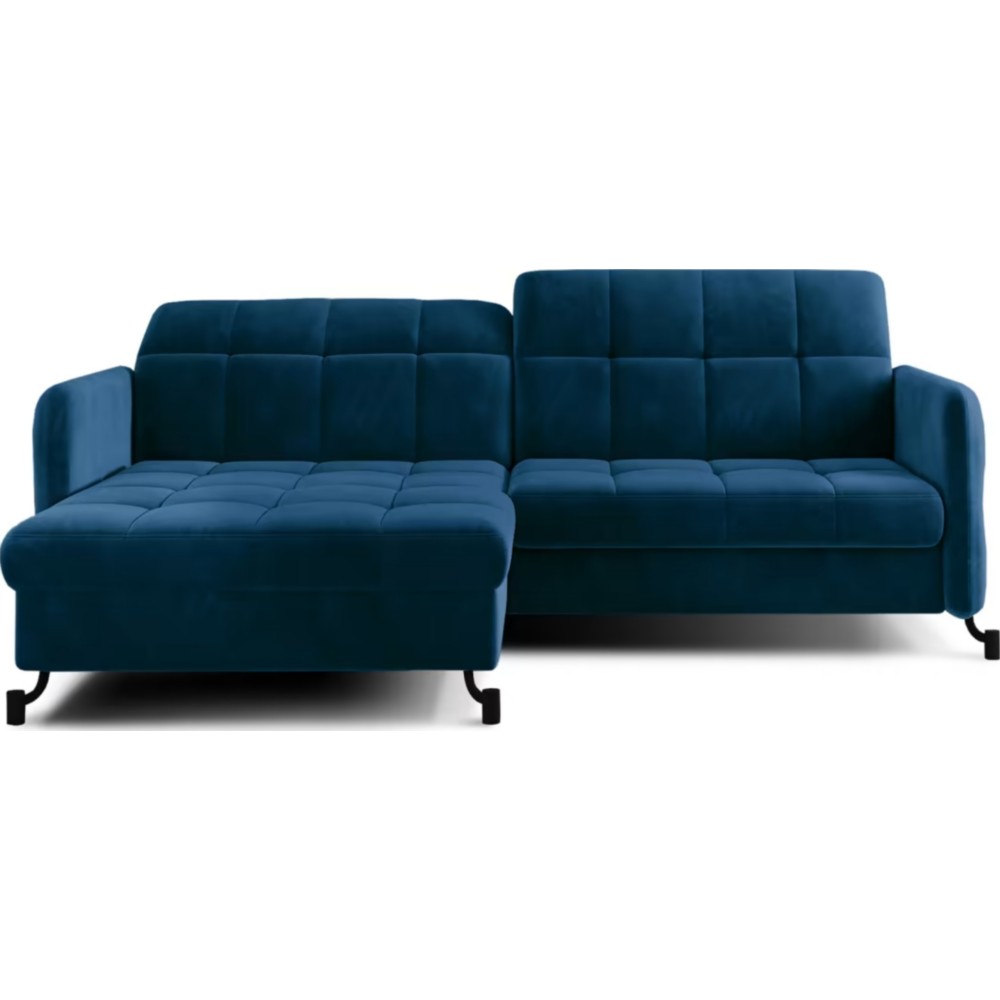 Canapé d'angle convertible en velours bleu foncé luxe 3-4 places LORO, angle gauche (vu de face) Canapé d'angle convertible en velours bleu foncé luxe 3-4 places LORO, angle gauche (vu de face)