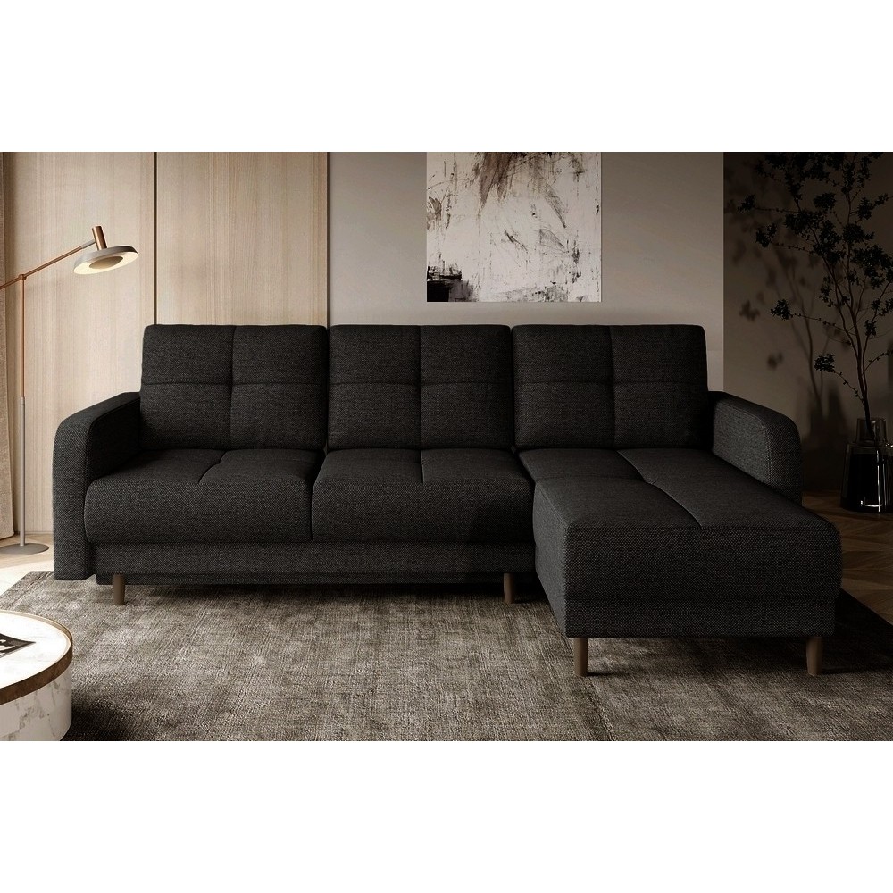 Canapé d'angle convertible en tissu luxe, rangement - noir, angle droit (vu de face), ROXANE, 4 places